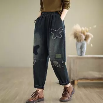 Толстая сестра осень и зима новый креативный стикер бабочка повседневные джинсы Харлан девять очков брюки M темно-синий