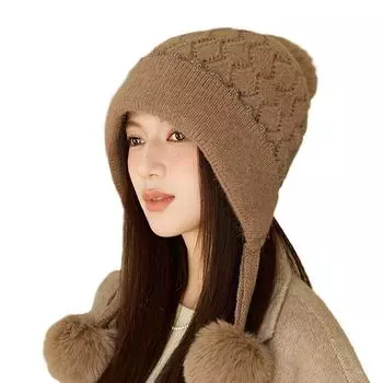 Толстая шапка женская зимняя уличная защита ушей теплая шапка три волоса мяч вязаная шапка верблюд