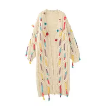 Толстая скрученная игла, ручная работа, трехмерный цветочный декор, трикотажный кардиган средней длины, женская куртка L бежевый