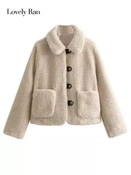 Толстая теплая куртка из искусственного ягненка для женщин, модная винтажная флисовая кожа с длинным рукавом и мехом, передний карман, женское пальто, верхняя одежда, уличная одежда XS чёрный