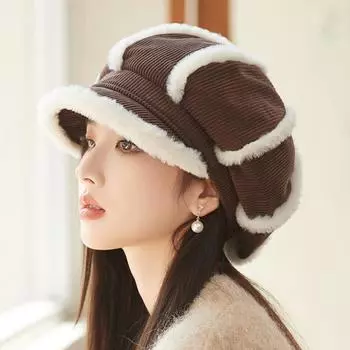 Толстая вельветовая восьмиугольная шляпа женская плюшевая шляпа художника-берета чёрный