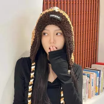 Толстая вязаная шапка-бомбер для женщин Show Face Small осень и зима корейская мода контрастного цвета защита ушей вязаная шапка 56-58cm хаки