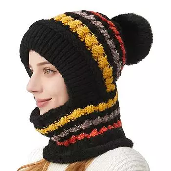 Толстая вязаная шапка шарф маска цельная шапка женская зимняя уличная бархатная теплая маска шарф универсальная шапка темно-красного