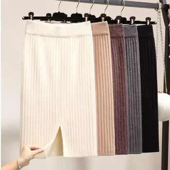 Толстая вязаная юбка с разрезом, женская плотная эластичная облегающая юбка, осенне-зимняя мини-юбка-карандаш S серый