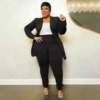 Толстая женщина плюс размер женская мода темперамент профессиональный повседневный с длинными рукавами брюки рабочий костюм костюм из двух частей XXXXL белый