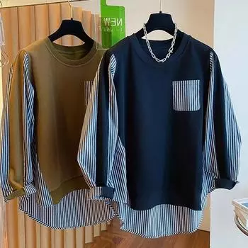 Толстая женщина свитер 150 кг свободная полосатая рубашка с шитьем женская весна и осень поддельный двухсекционный свитер с длинными рукавами XXXXXL чёрный
