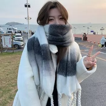 Толстая зимняя шаль, плюшевый витой кисточкой, зимний шарф для женщин и мужчин, мягкий, теплый, моющийся, морозостойкий, унисекс, парный шарф One Szie белый/чёрный