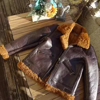 Толстая зимняя теплая куртка из 100% меха. Пальто из натуральной овчины Air Force B3 Tpye. Мужская натуральная шерстяная ткань XXL красно-коричневый