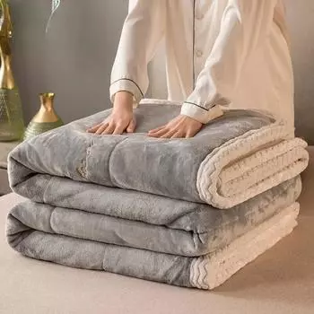 Толстое одеяло из искусственной овечьей шерсти, зимнее двустороннее трехслойное стеганое одеяло, приятное для кожи, уютное, теплое покрывало на кровать 120X200cm синий
