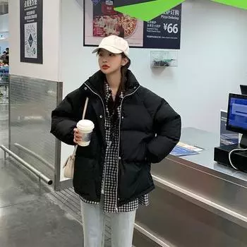 Толстое пальто с хлопковой подкладкой для женщин, свободная посадка и однотонная зимняя одежда S чёрный