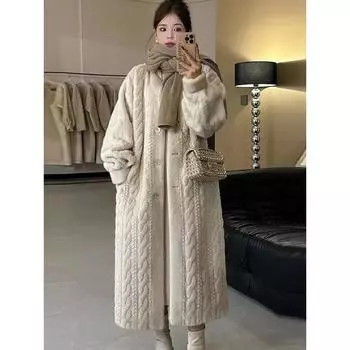 Толстое трикотажное свободное пальто женское пальто длинный рукав однобортный женский теплый длинный кардиган свитер зимняя норковая шуба S