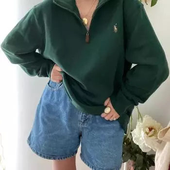 Толстовка американская с короткими рукавами и ретро-воротником женская и зимняя с длинными рукавами и полумолнией с лацканами L темно-зеленого