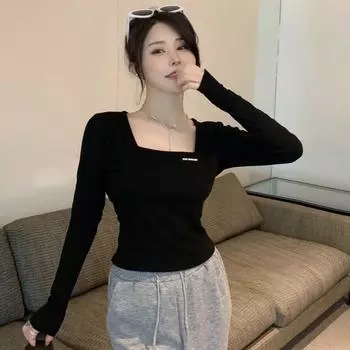 Толстовка без капюшона с квадратным вырезом, однотонная женская рубашка с короткими рукавами, милая женская рубашка с длинными рукавами L чёрный