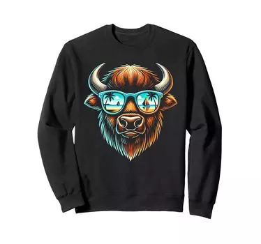 Толстовка Bison With Glasses Retro Sunglasses Buffalo Cow чёрный