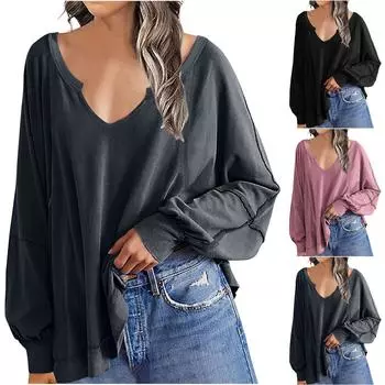 Толстовка большого размера для женщин, повседневные толстовки с v-образным вырезом и нерегулярным подолом, свободный пуловер с длинными рукавами