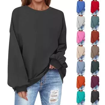 Толстовка большого размера для женщин с круглым вырезом, однотонная, с длинным рукавом, рубашки, толстовка L бежевый