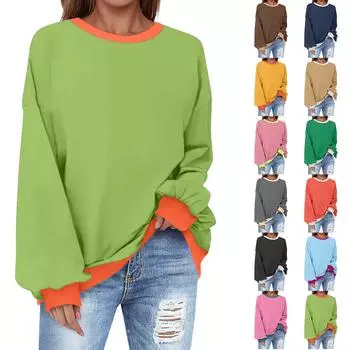 Толстовка большого размера для женщин с круглым вырезом, однотонная, с длинным рукавом, рубашки, толстовка XXXL