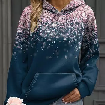 Толстовка большого размера, повседневная, женская, с длинным рукавом, принтом «небо», с капюшоном и карманом-кенгуру S