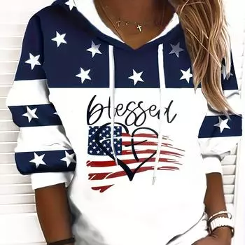 Толстовка большого размера, повседневная, женская, с принтом флага, сердца и букв, с длинным рукавом, с капюшоном и завязками S