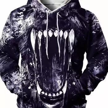 Толстовка большого размера с капюшоном и принтом Beastly 3D Teeth для мужчин Essential - уникальный графический дизайн с капюшоном и регулируемым шнурком S