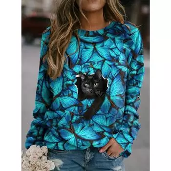 Толстовка большого размера с принтом «кошки и бабочки» с длинными рукавами и круглым вырезом, слегка эластичная, свитшот XXS