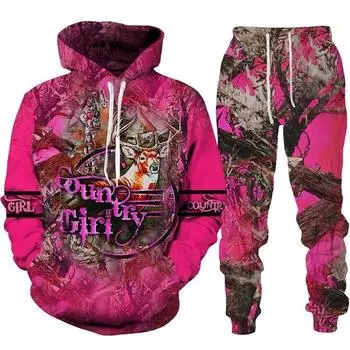 Толстовка Country Men Deer Hunting с 3D-принтом, спортивный костюм, комплект из 2 предметов, мужская толстовка с капюшоном и штаны, модный камуфляжный уличный свитер S