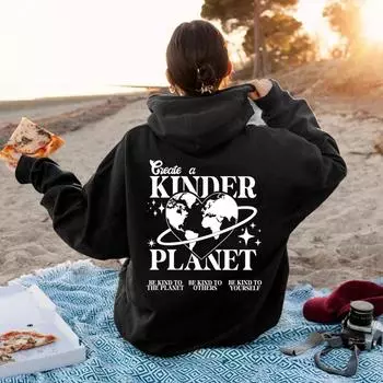 Толстовка Create A Kinder Planet Модные толстовки Tumblr Эстетическая толстовка с капюшоном Пляжный пуловер Эстетическая одежда Уличная одежда Топ S белый