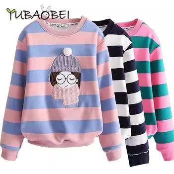 Толстовка для девочек, весенний свободный школьный детский свитер в полоску, футболка с длинными рукавами для девочек, утепленная зимняя детская пуловер... 4T