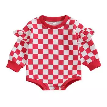 Толстовка для маленьких девочек, комбинезон для детей 3, 6, 12, 18 месяцев, комбинезоны в клетку с оборками и длинными рукавами для новорожденных, милая одежда для малышей 3-6 Months фиолетовый