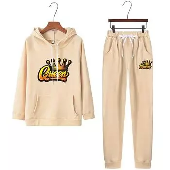 Толстовка для пар с принтом KING and QUEEN, женский спортивный костюм с длинными рукавами и брюки для влюбленных, толстовка из 2 предметов, женская одежда S