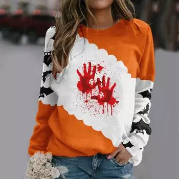 Толстовка для женщин Хэллоуин Кровь Рука Пальма Печать Толстовка Круглый вырез Пуловер Топы Повседневные женские толстовки с длинными рукавами S