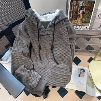 Толстовка для женщин из хлопка, свободная, большого размера, с капюшоном, флисовая, утолщенная, удобная, с круглым вырезом, повседневная, свитшот M серый