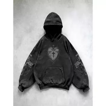 Толстовка High Street Hiphop Washed Distressed с принтом Love Cross для мужчин и женщин, модный бренд высокого класса, красивый бархатный с капюшоном S