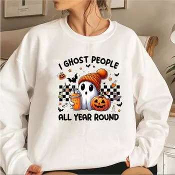 Толстовка I Ghost People All Year s Sweatshirt Ghost Coffee Sweatshirts Funny Halloween Gift Spooky Season Sweatshirt Pumpkin Hoodies S серый