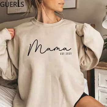 Толстовка Mama Est Custom Mama Est 2025 Толстовка Custom Mom Толстовки Женские толстовки с капюшоном с длинным рукавом и круглым вырезом Подарок маме S чёрный