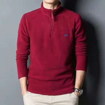 Толстовка, мужская флисовая футболка с длинными рукавами, мужская осенне-зимняя вышитая молодежная футболка с воротником-стойкой и полумолнией, теплая футболка, топ M