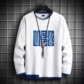 Толстовка мужская осенняя футболка с длинными рукавами поддельная двухкомпонентная свободная трендовая универсальная нижняя часть рубашки верхняя мужская одежда M