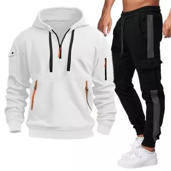 Толстовка мужская с капюшоном на молнии с карманом зимняя однотонная мужская куртка повседневный комплект из двух предметов S