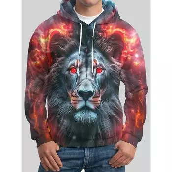 Толстовка мужская с капюшоном с принтом льва 3D, повседневная, осень-зима, пуловер с изображением животного и волка, с капюшоном, длинный рукав, модная спортивная толстовка S