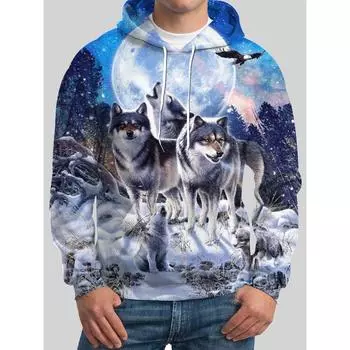 Толстовка мужская с капюшоном с принтом льва 3D, повседневная, осень-зима, пуловер с изображением животного и волка, с капюшоном, длинный рукав, модная спортивная толстовка S
