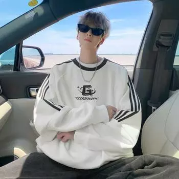 Толстовка мужская весна и осень новая свободная молодежная студенческая универсальная круглая горловина напечатанная спортивная повседневная куртка для мужчин S