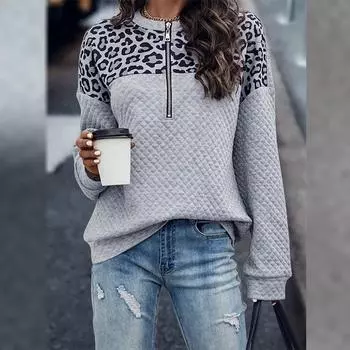 Толстовка на молнии с леопардовым принтом, женский повседневный теплый топ с длинными рукавами S серый