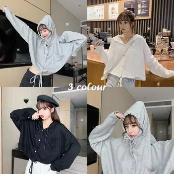 Толстовка новая модная куртка ins женская осенняя тонкая свободная корейский стиль короткая завязка длинный рукав топ S