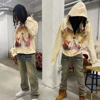 Толстовка облегающего кроя с капюшоном в европейском и американском стиле с принтом Y2K и стразами, осенне-зимняя S