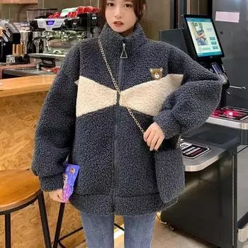 Толстовка осень-зима, плюшевая толстая женская толстовка с вышивкой ягненка и медведя, толстовка с длинными рукавами, спортивные пальто S абрикосовый