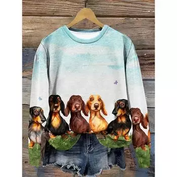 Толстовка-пуловер с принтом собаки больших размеров, повседневная толстовка с длинным рукавом и круглым вырезом для осени и зимы, женская одежда больших размеров S