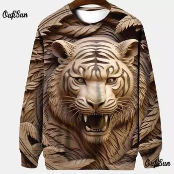 Толстовка с 3D тигром для мужчин, топы с длинным рукавом, одежда с рисунком животных, свободный свитер с круглым вырезом, модная дизайнерская мужская толстовка S