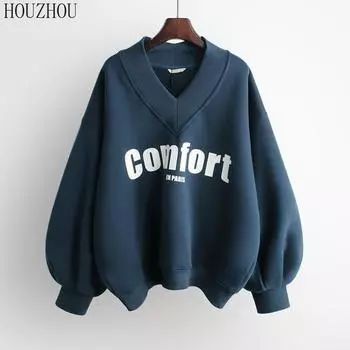 Толстовка с буквенным принтом, женская корейская винтажная повседневная свободная толстовка с v-образным вырезом и длинными рукавами, осенне-зимний топ, уличная одежда M темно-синий