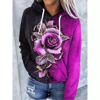 Толстовка с цветочным принтом 3D Rose Women Fashion Oversize Hoodies Women Sweats Flower Coat Sweatshirt With Pocket Pullovers Sudaderas S