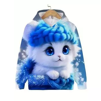 Толстовка с длинным рукавом для девочек с рисунком белого котенка, пуловер с капюшоном, спортивная мода, осенние толстовки с капюшоном для девочек, детская одежда 100